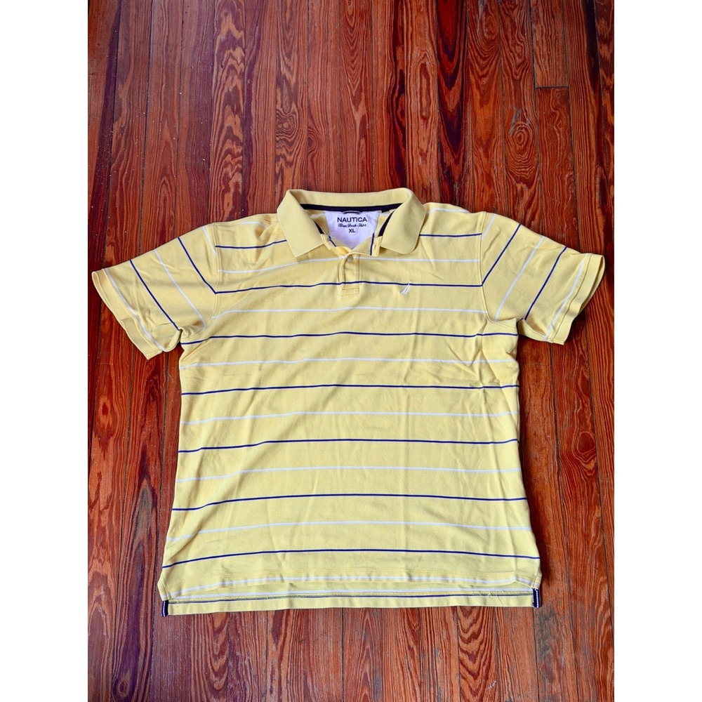 Nautica True Deck Shirt Mens XL Yellow Blue White Striped Short Sleeve Polo 0057